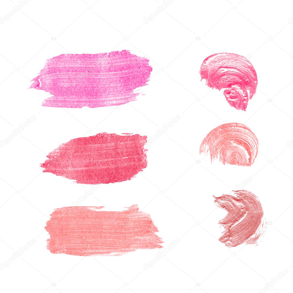 Vector Collection of strokes of lipsticks various colors isolated on white. Makeup sample, use for advertising flyer, banner, brochure, booklet and leaflets for the promotion of decorative cosmetics 