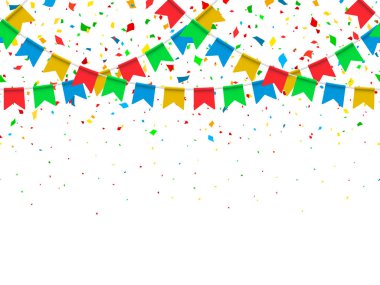 Dikişsiz desen renkli bayraklar garland ve konfeti. Doğum günü kutlama, festival ve adil dekorasyon flamalar ile karnaval garland. Beyaz bir arka plan üzerine düşen renkli konfeti. Vektör