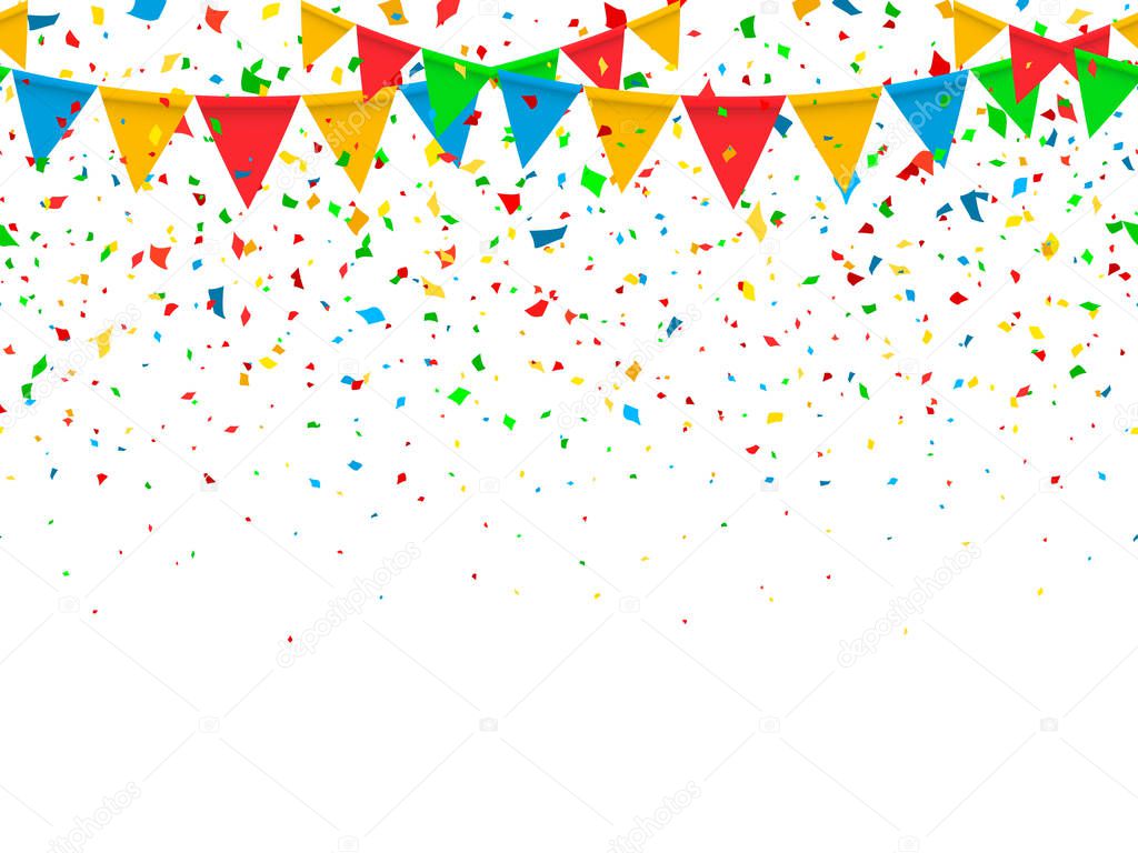 Seamless pattern colorful flags garland and confetti. Carnival garland with pennants for birthday celebration, festival and fair decoration. Colorful confetti falling on a white background. Vector