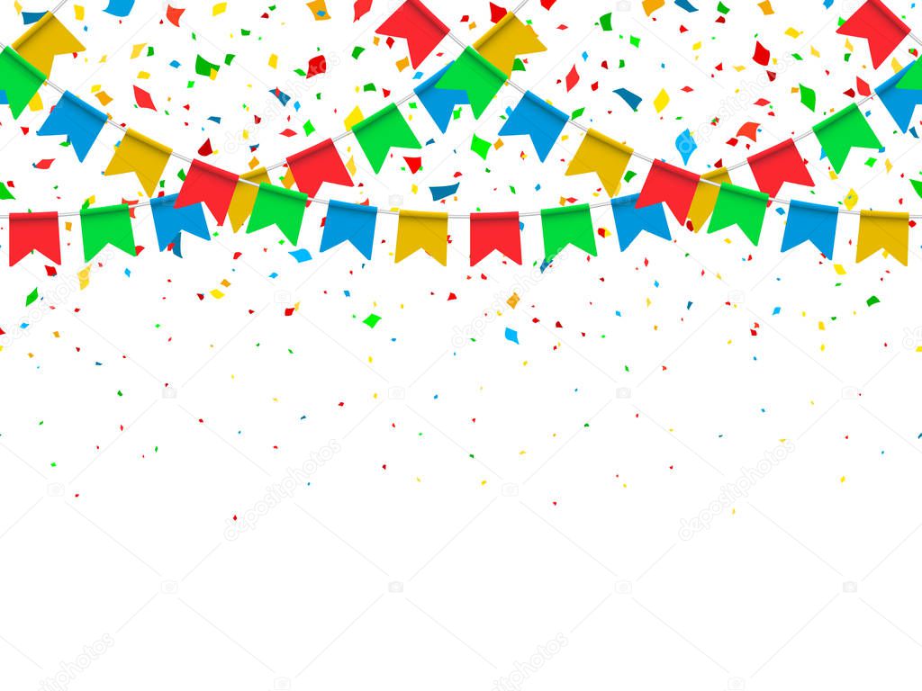 Seamless pattern colorful flags garland and confetti. Carnival garland with pennants for birthday celebration, festival and fair decoration. Colorful confetti falling on a white background. Vector