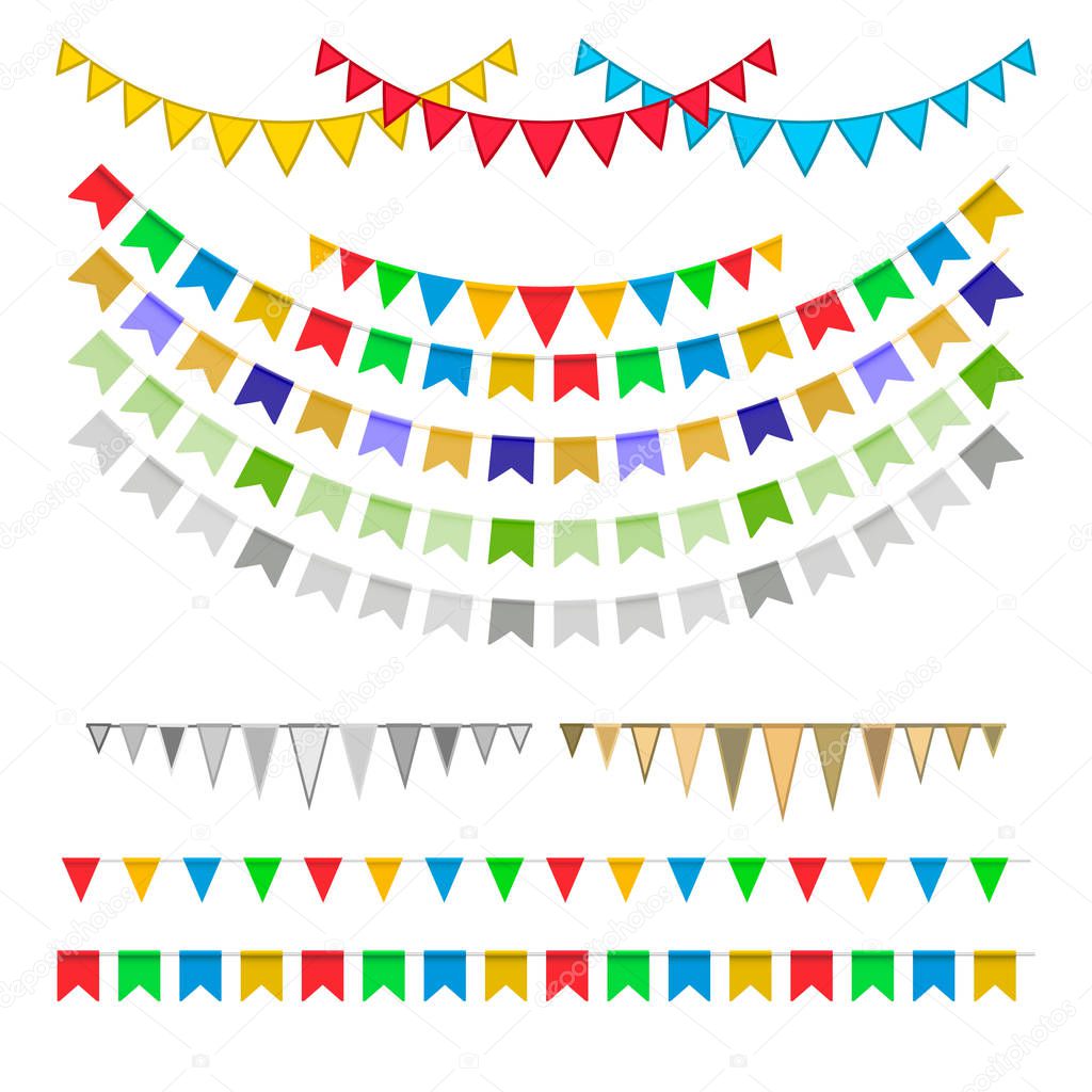 Vector Illustration of Colorful Garlands on white background. Carnival garland with pennants. Decorative colorful party flags for birthday celebration, festival and fair decoration. Holiday set.