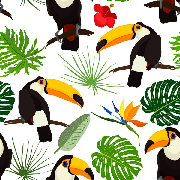 Modèle sans couture avec des fleurs et toucan oiseau — Image vectorielle