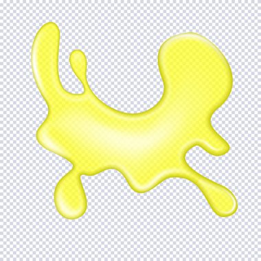 Şeffaf arkaplanda ışıldayan balçık damlaları izole edildi. Parlak sarı sümüksü lekeler. Gerçekçi radyoaktif balçık damlaları ve akışı. Popüler çocuklar duyusal oyuncak vektör çizimi