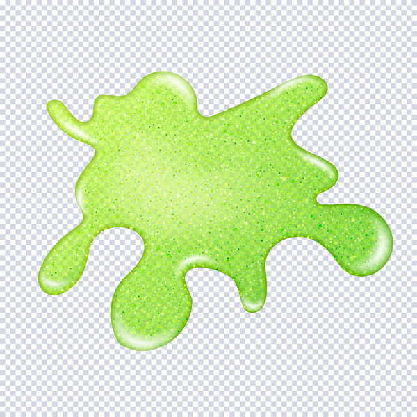 Блестящая слизь посыпанная конфетти капает изолированы на прозрачном фоне. Зеленые пятна слизи Ghensy goo. Реалистичная радиоактивная слизь капает и течёт. Популярный детский сенсорный вектор игрушек

