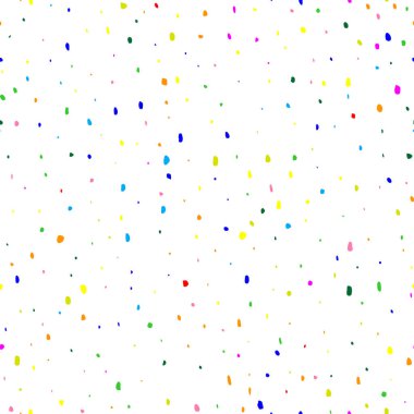 Gökkuşağı partisi polkası. Parlak konfetilerin patlayıcısız arka planı. Geometrik mürekkep rengi nokta. Kutlama tasarımı için soyut rastgele sanat, düğün teması, afiş, hediye paketi, poster. Vektör