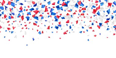 Kırmızı, beyaz, mavi, beyaz üzerinde uçan konfeti. Parıldayan parıltılar, Amerikan bayrağı renginde düşen folyo konfetileri. Amerikan Bağımsızlık Günü ya da Başkan Günü arkaplanı. Vektör pürüzsüz