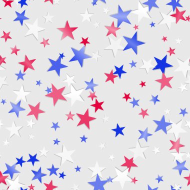Kırmızı, beyaz, mavi parlak konfeti yıldızları uçuşuyor. Uçan yıldızlar parıldıyor, Amerikan bayrağı renginde düşen folyo konfetileri. Amerikan Bağımsızlık Günü ya da Başkan Günü arkaplanı. Vektör pürüzsüz