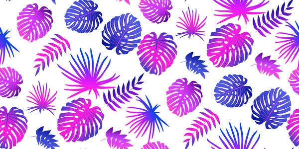 カラフルなネオンエキゾチックな葉のグラデーションが白い熱帯シームレスパターン トレンディフラットジャングル緑豊かな枝紫の植物 マダガスカルの森の葉ビーチファッションファブリックプリント ベクトル — ストックベクタ