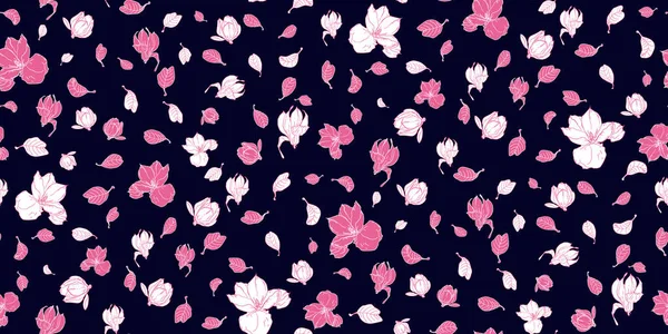 Nahtloses Muster Mit Magnolienblüten Auf Schwarzem Hintergrund Blumenvektormuster Für Einladungen — Stockvektor