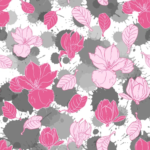 Nahtloses Muster Mit Magnolienblüten Paint Spritzer Tropfen Aquarell Hintergrund Blumenvektormuster — Stockvektor