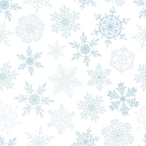 Mooie Naadloze Kerstachtergrond Met Diverse Complexe Grote Kleine Sneeuwvlokken Wit — Stockvector