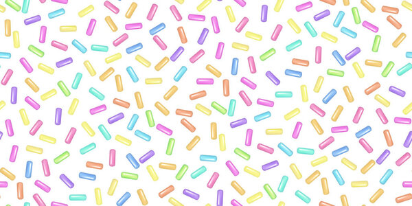 Sprinkle with grains of desserts. Seamless abstract pattern with realistic colorful sweet grains on white background. Design for holiday designs, party, birthday, invitation. Vector 3d sweet confetti