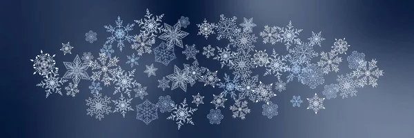 Prachtige Kerstachtergrond Met Diverse Complexe Grote Kleine Sneeuwvlokken Geïsoleerd Donker — Stockvector