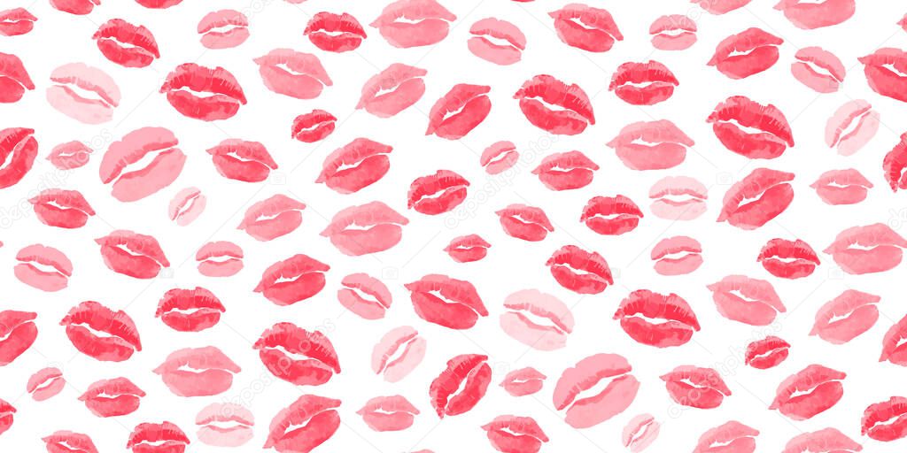 Cosmetics and makeup seamless pattern. Beautiful red colors lips prints on white background. Sexy wet lip make-up. Perfect for textile, wallpapers, web page backgrounds, packaging materials. Vector