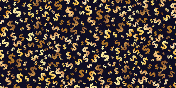 Seamless pattern of symbols of dollar flying currency. Trendy investment pattern. Golden vector background with signs of dollars. Can be used for ad, poster, banner of american money exchange. Vector