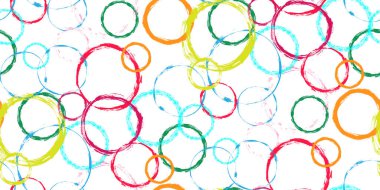 Çok renkli soyut grunge el çizimi daire pulları beyaz arkaplanda tekstil baskıları. Dairesel benek üst üste binen elementler kusursuz desen. Grunge doku dairesi tekstil izlerini damgalıyor. Vektör