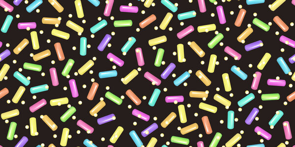 Sprinkle realistic with grains of desserts. Seamless pattern bright colorful sprinkles grainy isolated on black. Design for holiday designs, party, birthday, invitation. Vector 3d sweet confetti
