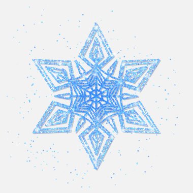 Mavi kar taneleri beyaz arka planda parlak parıltılarla kaplıdır. Parlak mavi kar tanesi yeni yıl için harika ve Noel partisi posterleri, başlıklar, mevsimlik duvar kağıtları, kış arkaplanı. Vektör