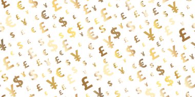 Kusursuz şablon Euro, dolar, pound, yen altın sembolleri uçan para birimi. Moda yatırım modeli. Reklam, poster, İngiliz, Japon, Avrupalı ve Amerikan para değişimi afişleri için kullanılabilir. Vektör