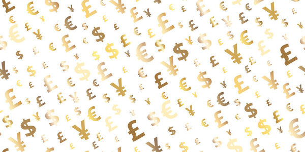 Евро, доллар, фунт, иена, золотая символика, летающая валюта. Модная инвестиционная модель. Можно использовать для рекламы, плаката, баннера британского, французского, европейского, французского обмена денег. Вектор