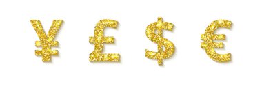 Beyaz üzerine izole edilmiş bir dizi altın para simgesi. Dolar, Euro, Sterlin, Yuan veya Yen Cash. Moda yatırım modeli. Reklam, poster, para değişimi afişi için kullanılabilir. Vektör