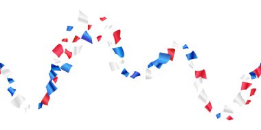 Kırmızı, beyaz, mavi, beyaz üzerinde uçan konfeti. Parıldayan parıltılar, Amerikan bayrağı renginde düşen folyo konfetileri. Amerikan Bağımsızlık Günü ya da Başkan Günü arkaplanı. Vektör pürüzsüz
