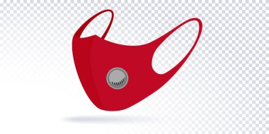 Solucan filtresi vanalı kırmızı yüz maskeli kumaş. Aktif karbon filtresi olan pamuk solunum cihazları. Mikroplara, bakterilere, toza, sümüğe ve salyaya karşı koruma. Kişisel hijyen ürünleri. Vektör