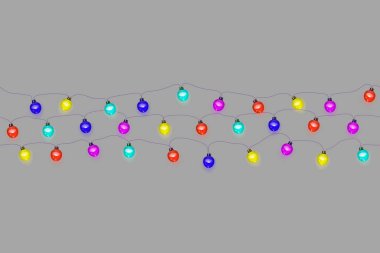 Noel renklerinin kusursuz deseni çelenkler, şenlikli dekorasyonlar. Gri arka planda izole edilmiş dekoratif Xmas gerçekçi nesneleri. Tatil süsleri parlayan çelenkler. Vektör illüstrasyonu