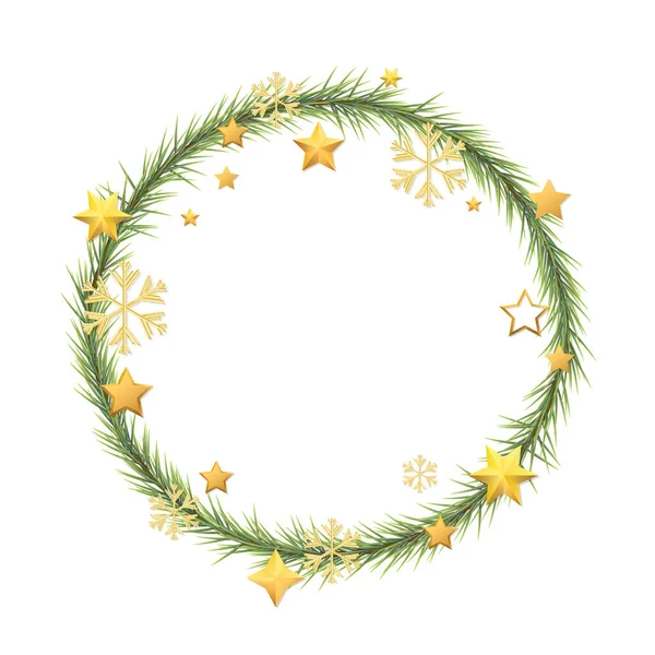 白い金の星と黄金の雪の結晶とクリスマスツリーの枝のラウンドフレーム 新年やクリスマスパーティーのポスター ヘッダー 季節の壁紙 冬の背景のための素晴らしい ベクトル — ストックベクタ