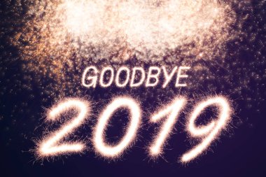 Güle güle ışıltı havai fişek ışıltı havai fişek arka plan üzerinde yazılı 2019