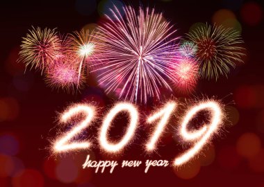 Mutlu yeni yıl 2019 ışıltı havai fişek arka plan ile yazılmış