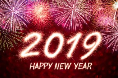 Mutlu yeni yıl 2019 ışıltı havai fişek arka plan ile yazılmış