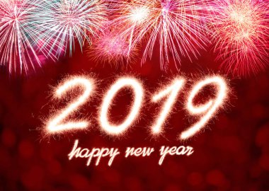Mutlu yeni yıl 2019 ışıltı havai fişek arka plan ile yazılmış