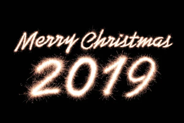 Veselé Vánoce 2019 Napsané Jiskrou Ohňostroj Světlo — Stock fotografie