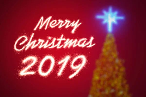 Neşeli Noel Işıltı Havai Fişek Ile Yazılı 2019 — Stok fotoğraf