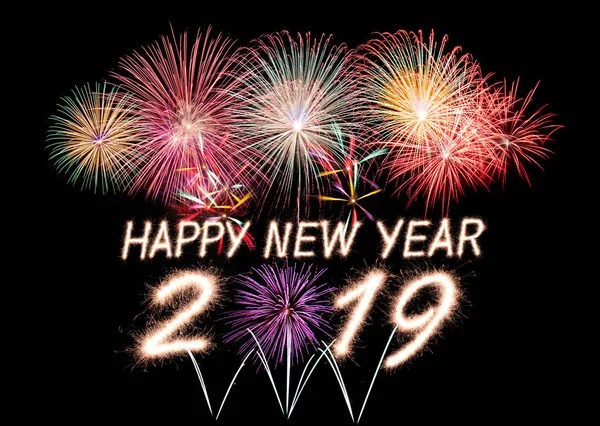 Gelukkig Nieuwjaar 2019 Geschreven Met Sparkle Vuurwerk Met Vuurwerk Achtergrond — Stockfoto