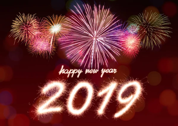 Gelukkig Nieuwjaar 2019 Geschreven Met Sparkle Vuurwerk Met Vuurwerk Achtergrond — Stockfoto