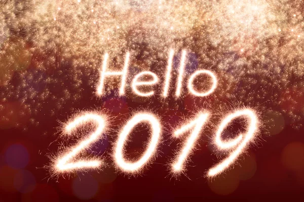 Olá 2019 Escrito Fogos Artifício Sparkle Com Fundo Fogos Artifício Fotografias De Stock Royalty-Free