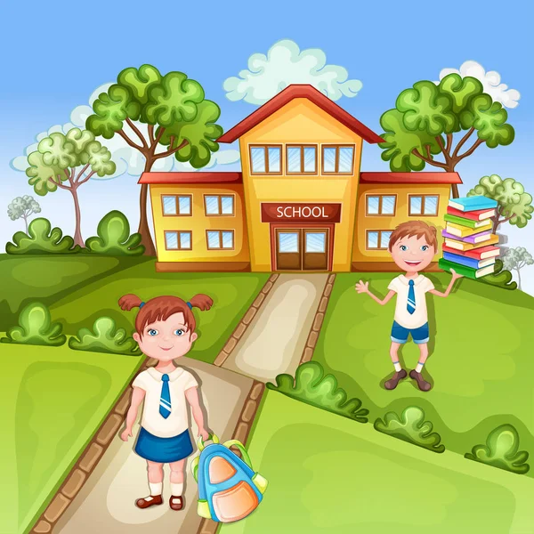 幸せな子供の学校建物小話 — ストックベクタ