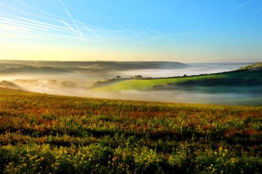 Cuckmere Vadisi, East Sussex, İngiltere, Birleşik Krallık, siste vadinin alt bölümünde açık yeşil tepeler yukarıda onları denizin mavi gökyüzünde bir turuncu parlamayı arka planda olan parlayan güneş ile haddeleme ile kaplı 