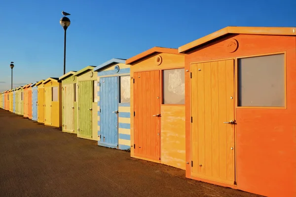 Yirmi parlak renkli plaj kulübe bir dizi yakın bir satır vardır renkli giderek azalan bir bakış açısı büyük turuncu, yeşil sarı arkalarında mavi mavi, orada iki sokak lambaları yakın bir satırda bir martı sit vardır