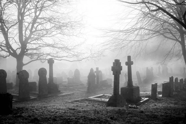 Spaventoso cimitero nella nebbia posteriore e fotografia bianca — Foto Stock