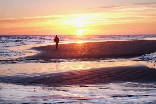 Hombre irreconocible caminando en una playa desierta al atardecer —  Fotos de Stock