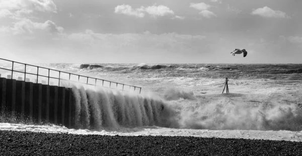 rough seas crashing against Brighton marina habour wall, a solit
