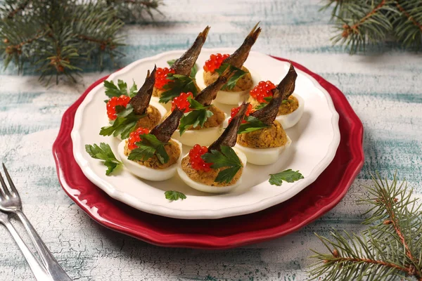 Eggs Stuffed Sprats Red Caviar White Plate Festive Snack — Stock Photo, Image