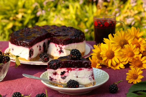 Curd Cake Blackberries Located Table Garden Background Green Bushes Foreground — Stock Photo, Image