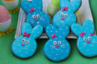 Paskalya komik tavşan, ev yapımı kurabiye bisküvi arka planı yeşil sırlıdır boyalı