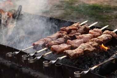 Açık Hava Kömür ızgarasında şiş üzerinde duman ile kavrulmuş iştah açıcı şap Kebap