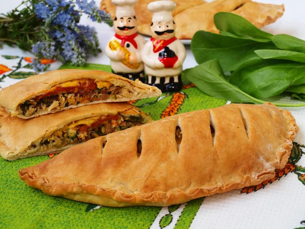 Closed pizza Calzone with chicken, green onions, spinach, parsley and dried tomatoes is located on a plate — Stock Photo, Image
