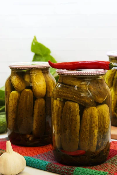 Cetrioli marinati in vasi su sfondo bianco, raccolto per l'inverno — Foto Stock